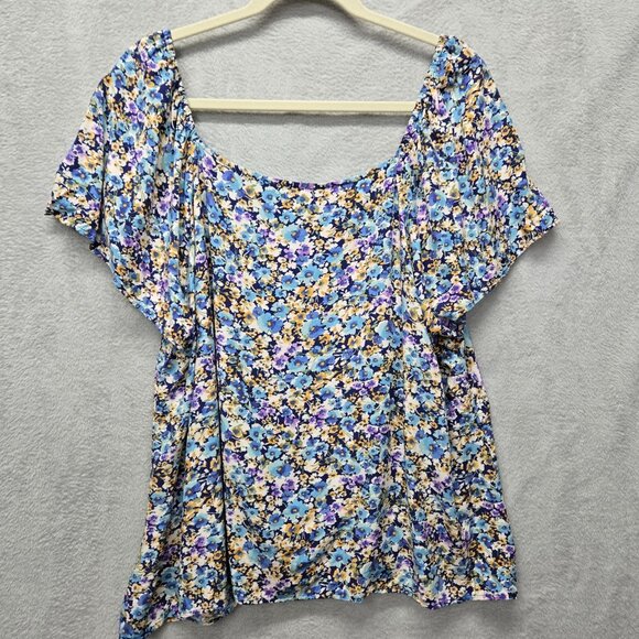 Lush 2X Navy Floral Blouse Square Neck Tie Crop Front Short Sleeve Light FLowy - Picture 6 of 7